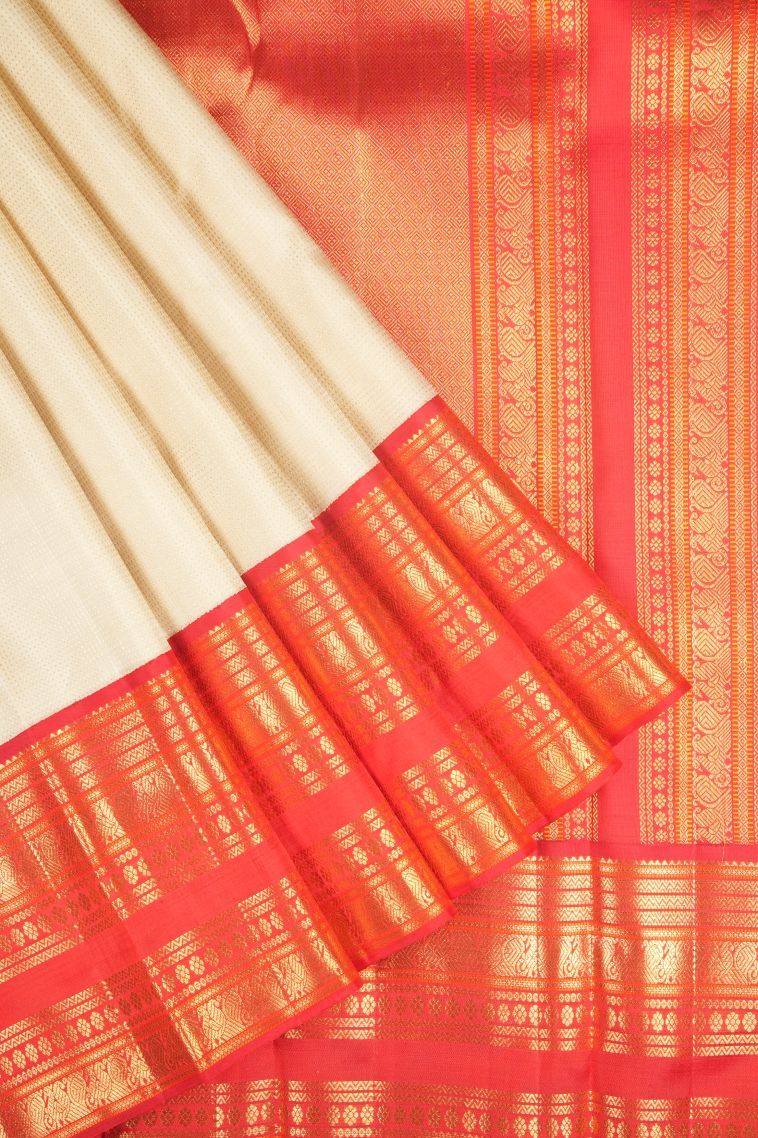 Cream White Kanchipuram Silk Sarees with Gold Zari Stripes view 1