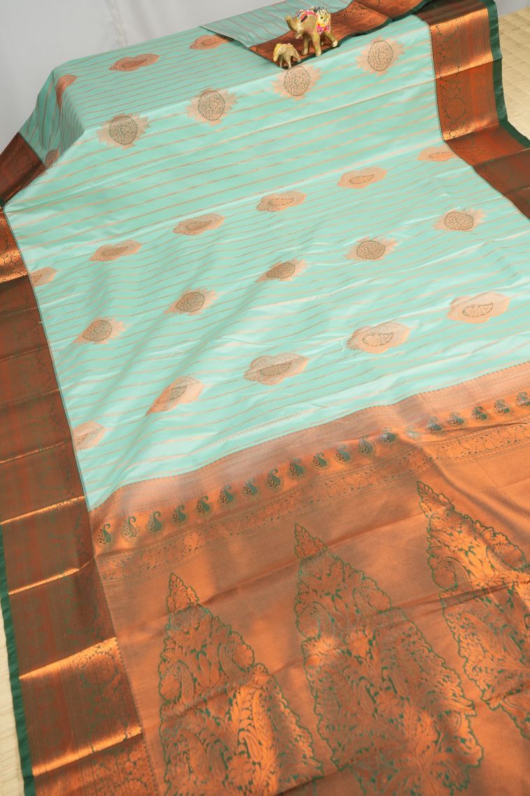 Arctic Blue Visiri Madippu Silk Sarees with Copper Zari Stripes view 2