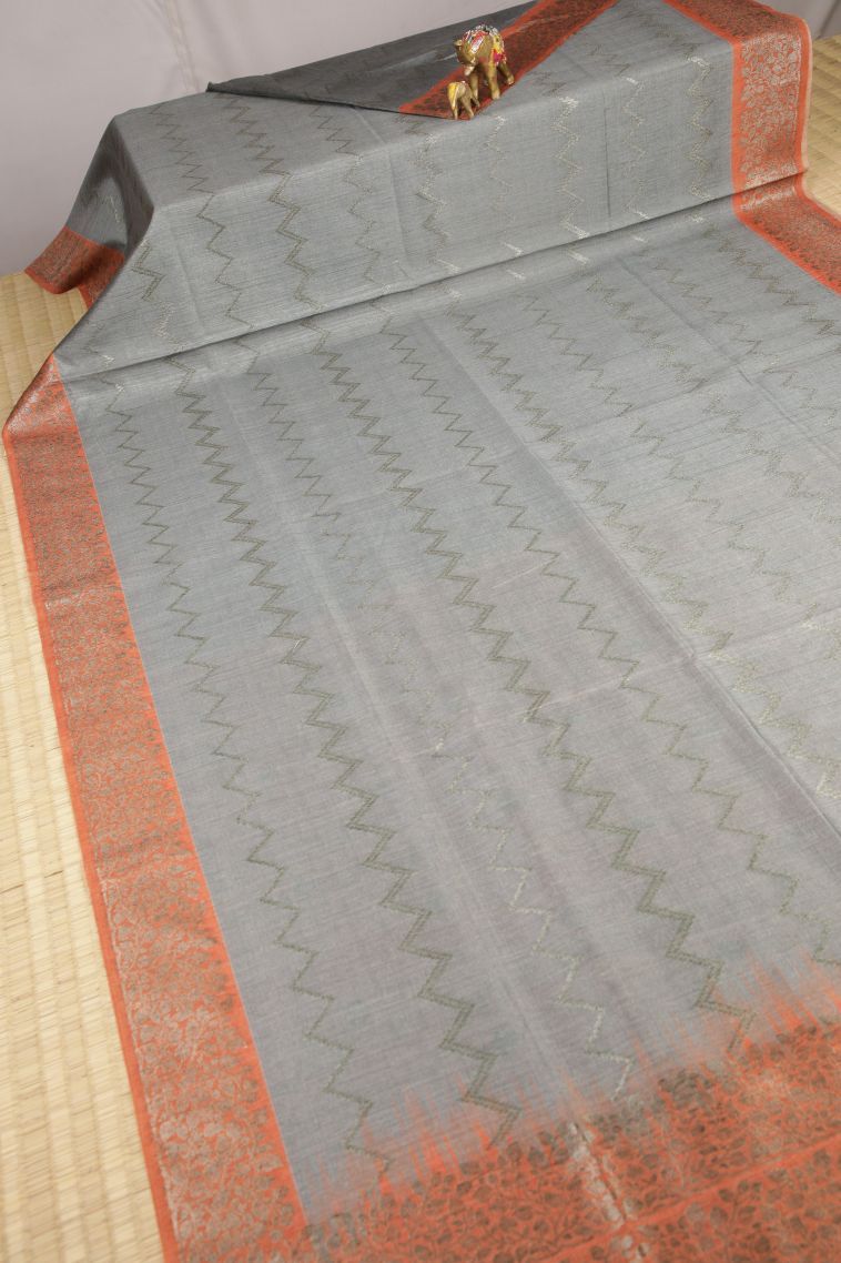 Gray Black Tussar Saree with Bronze Zari Buttis (small Dots Or Motifs) view 2