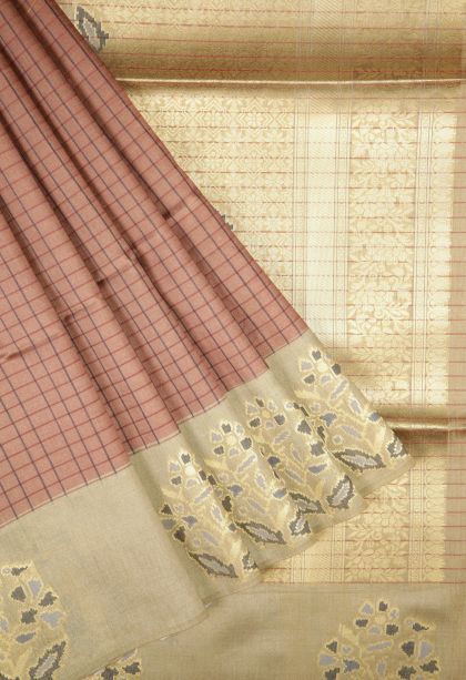 Tawny Brown Tussar Saree with Without Zari Zari Checks