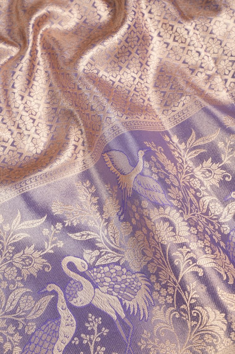 Rose Pink Tissue Silk Sarees with Copper Zari Floral Patterns view 3