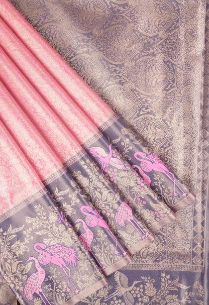 Rose Pink Tissue Silk Sarees with Copper Zari Floral Patterns