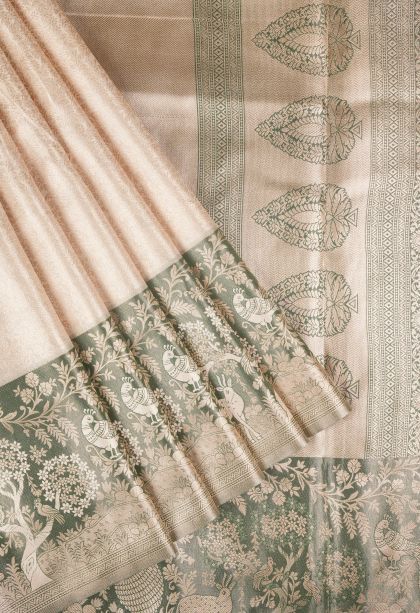 Cream White Tissue Silk Sarees with Copper Zari Floral Patterns