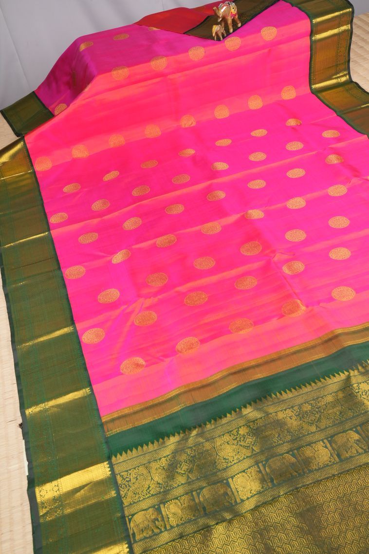 Strawberry Pink Kanchipuram Silk Sarees with Gold Zari Buttis (small Dots Or Motifs) view 2
