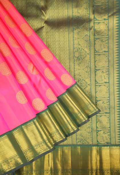 Strawberry Pink Kanchipuram Silk Sarees with Gold Zari Buttis (small Dots Or Motifs)