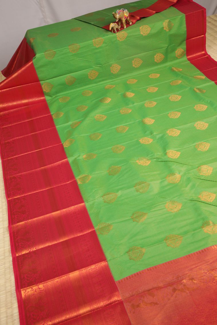 Basil Green Visiri Madippu Silk Sarees with Copper Zari Stripes view 2