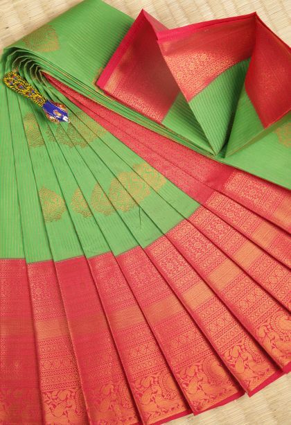 Basil Green Visiri Madippu Silk Sarees with Copper Zari Stripes