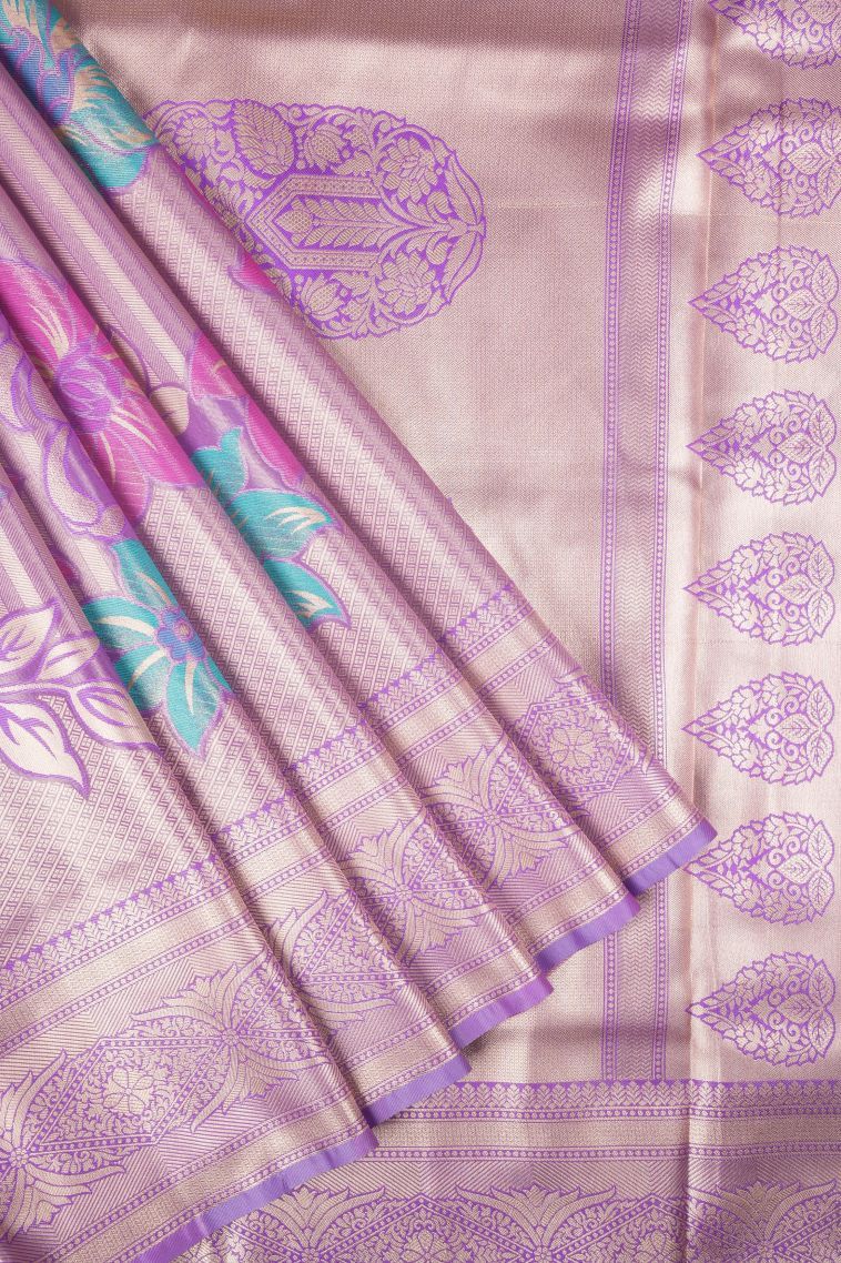 Lilac Purple Tissue Silk Sarees with Copper Zari Floral Patterns view 1