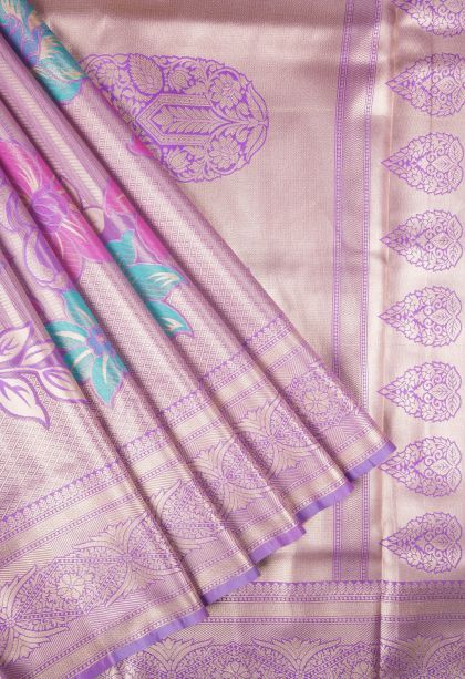 Lilac Purple Tissue Silk Sarees with Copper Zari Floral Patterns