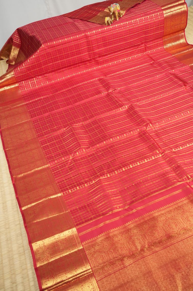 Candy Red Kanchipuram Silk Sarees with Gold Zari Checks view 2