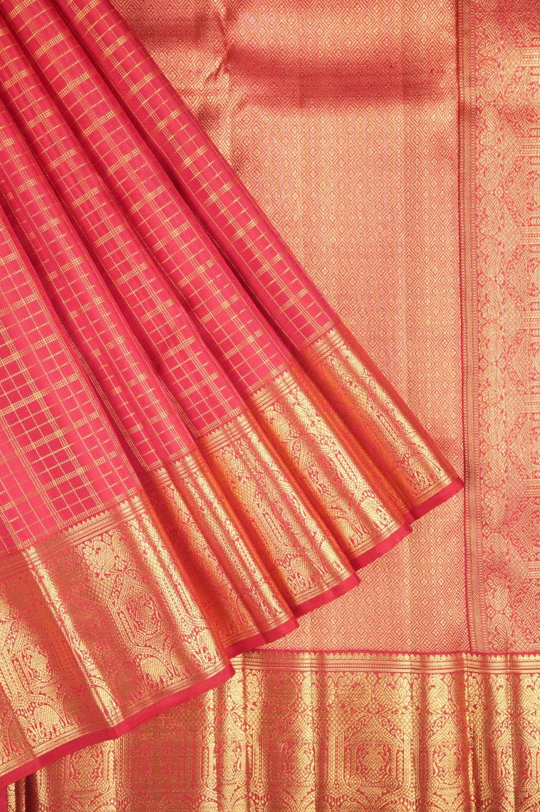 Candy Red Kanchipuram Silk Sarees with Gold Zari Checks view 1