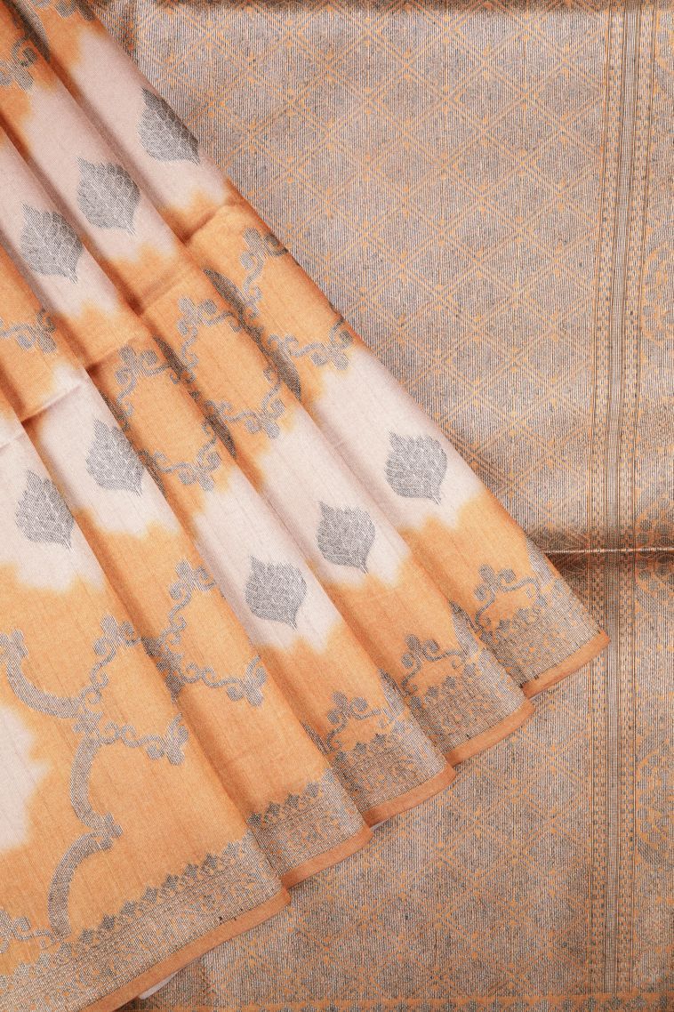 Apricot Orange Tussar Saree with Bronze Zari Floral Patterns view 1