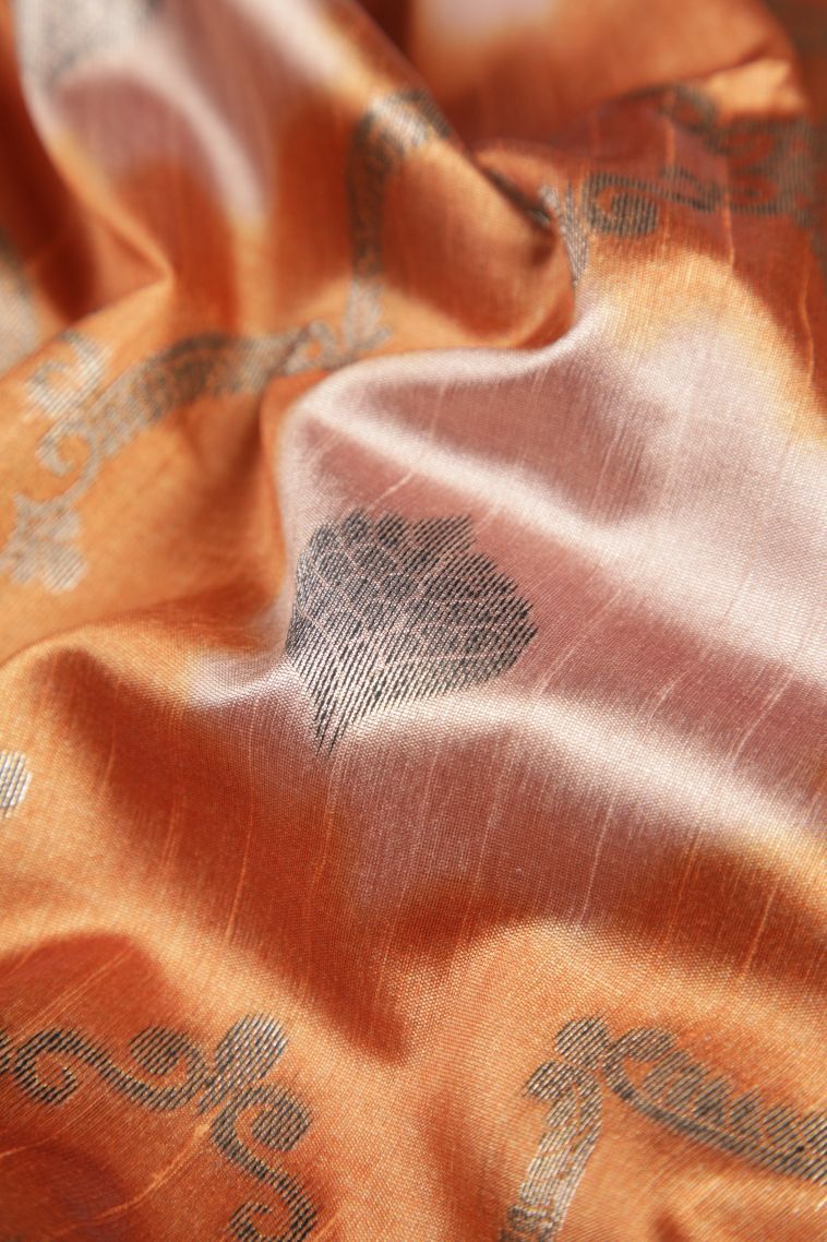 Apricot Orange Tussar Saree with Bronze Zari Floral Patterns view 4