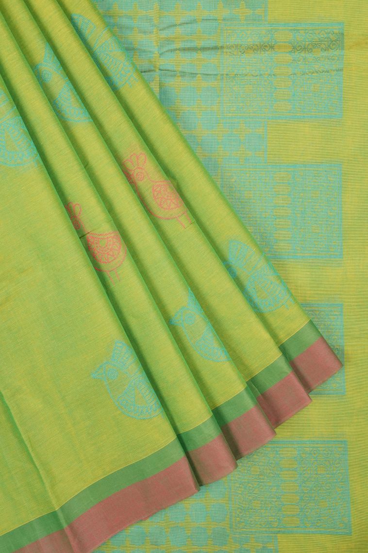 Lime Green Kovai Cotton Sarees with Without Zari Zari Buttis (small Dots Or Motifs) view 1