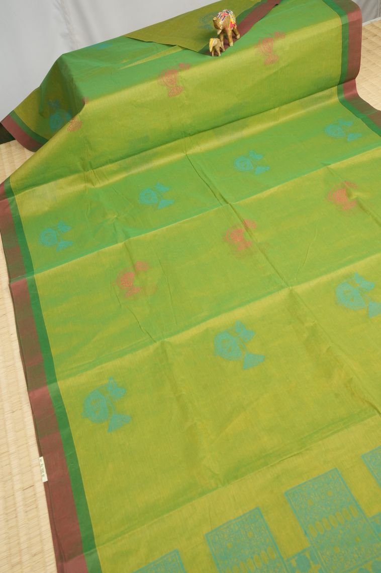 Lime Green Kovai Cotton Sarees with Without Zari Zari Buttis (small Dots Or Motifs) view 2