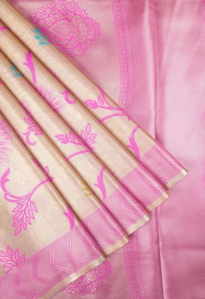 Gold Tissue Silk Sarees with Copper Zari Floral Patterns