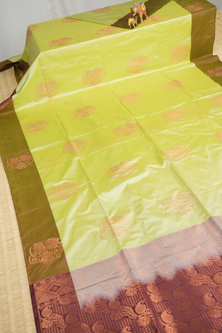Chartreuse Green Soft Silk Saree with Copper Zari Buttis (small Dots Or Motifs) view 2