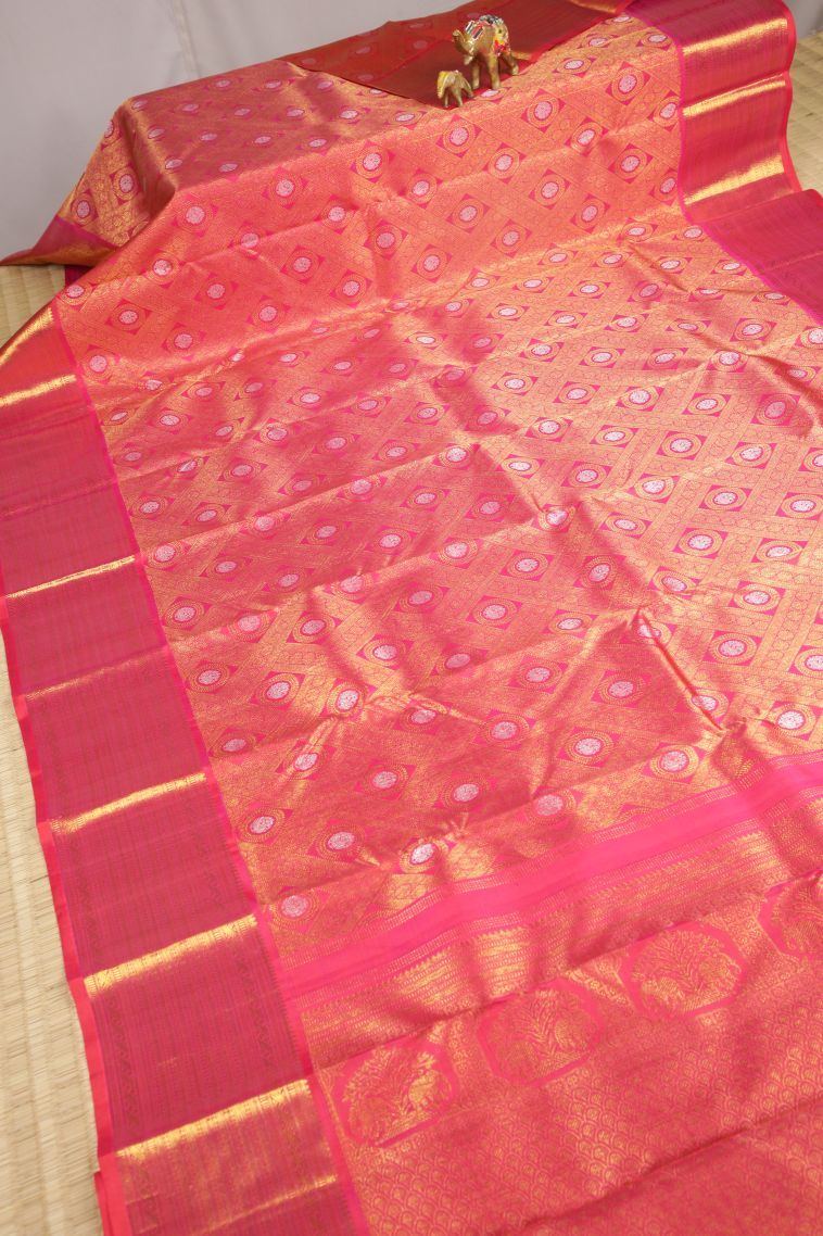 Punch Pink Kanchipuram Silk Sarees with Gold And Silver Zari Floral Patterns view 2