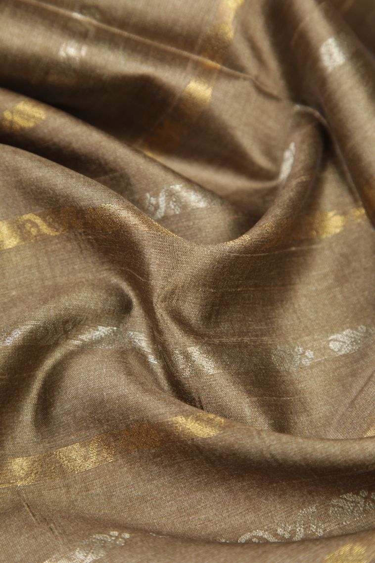 Tortilla Brown Tussar Saree with Gold And Silver Zari Stripes view 4