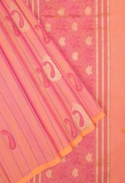 Peach Pink Kovai Cotton Sarees with Without Zari Zari Stripes