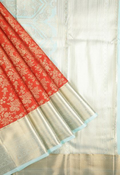 Candy Orange Samudrika Pattu with Copper Zari Floral Patterns