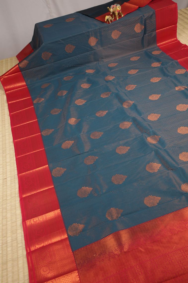 Aegean Blue Visiri Madippu Silk Sarees with Copper Zari Stripes view 2
