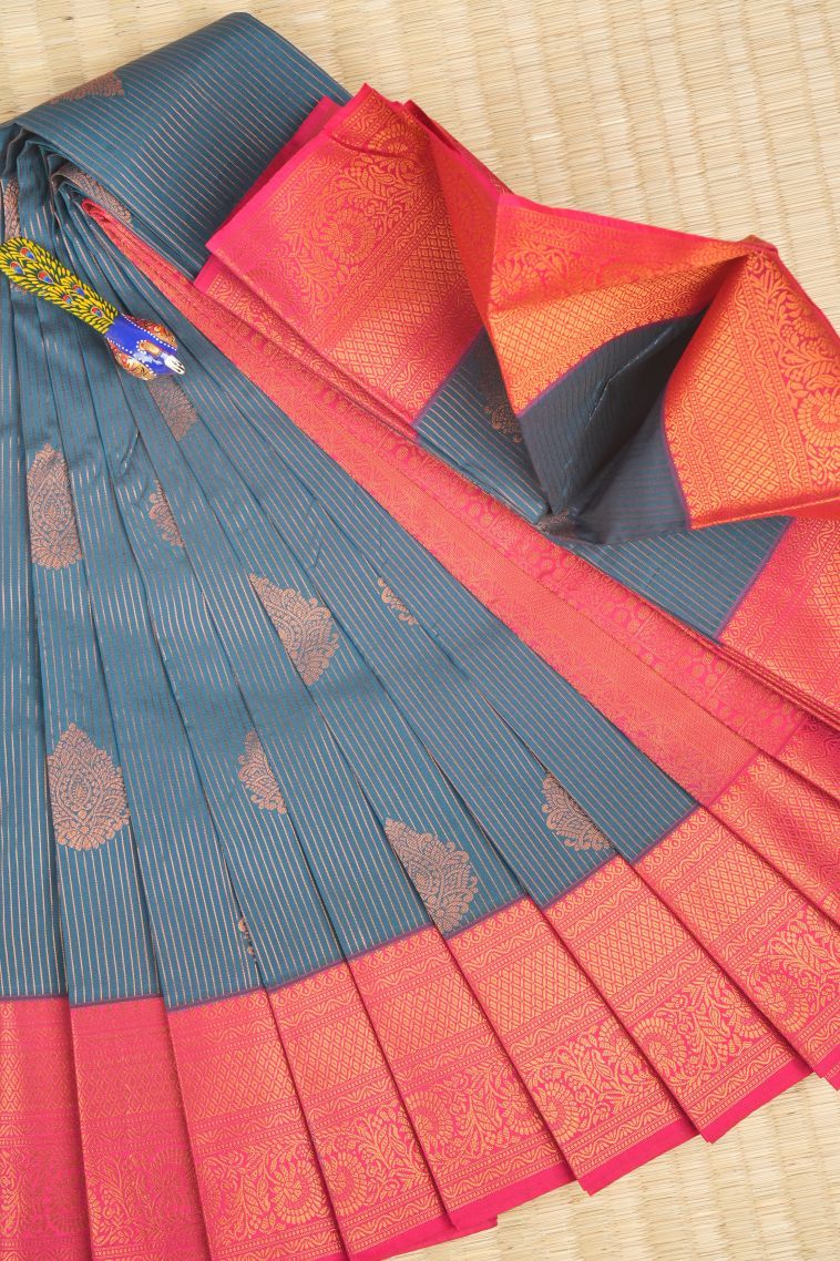 Aegean Blue Visiri Madippu Silk Sarees with Copper Zari Stripes view 1