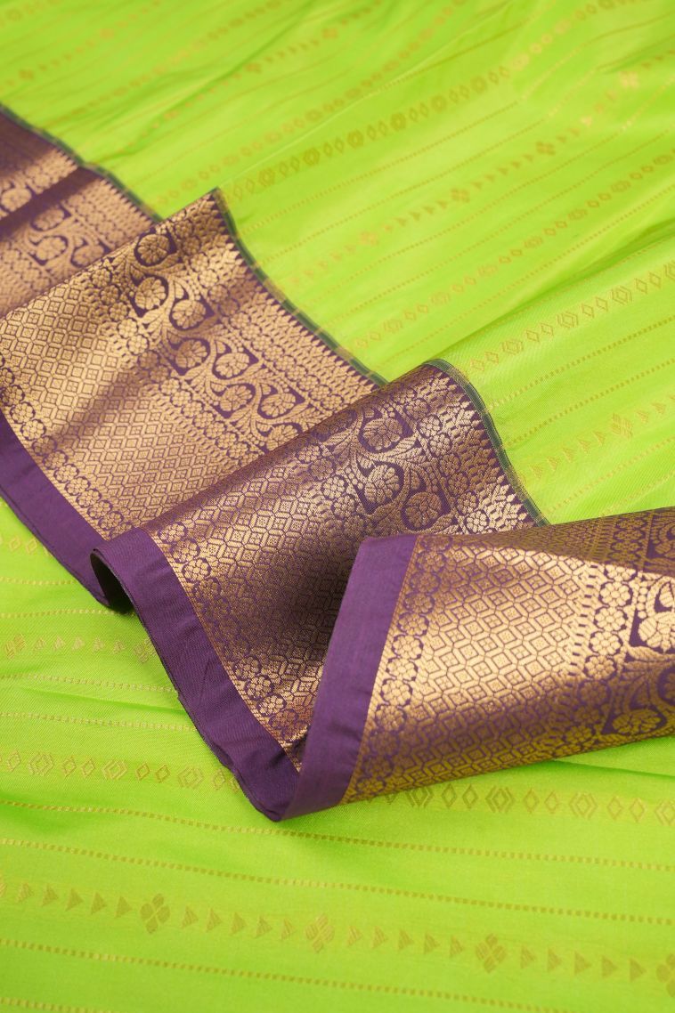 Chartreuse Green Visiri Madippu Silk Sarees with Copper Zari Stripes view 4