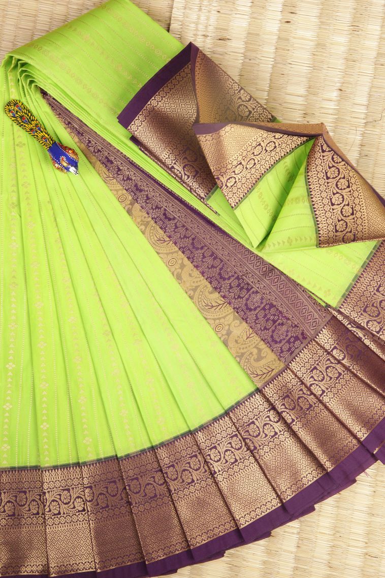 Chartreuse Green Visiri Madippu Silk Sarees with Copper Zari Stripes view 1