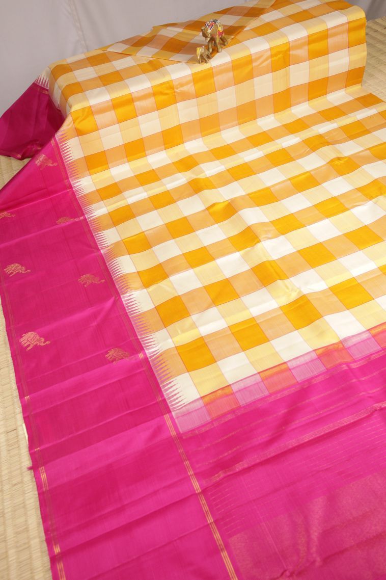Lemon Yellow Kanchipuram Silk Sarees with Without Zari Zari Checks view 2
