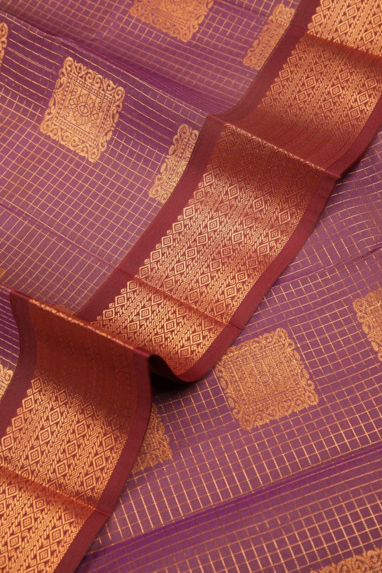 Mauve Purple Visiri Madippu Silk Sarees with Copper Zari Checks view 4