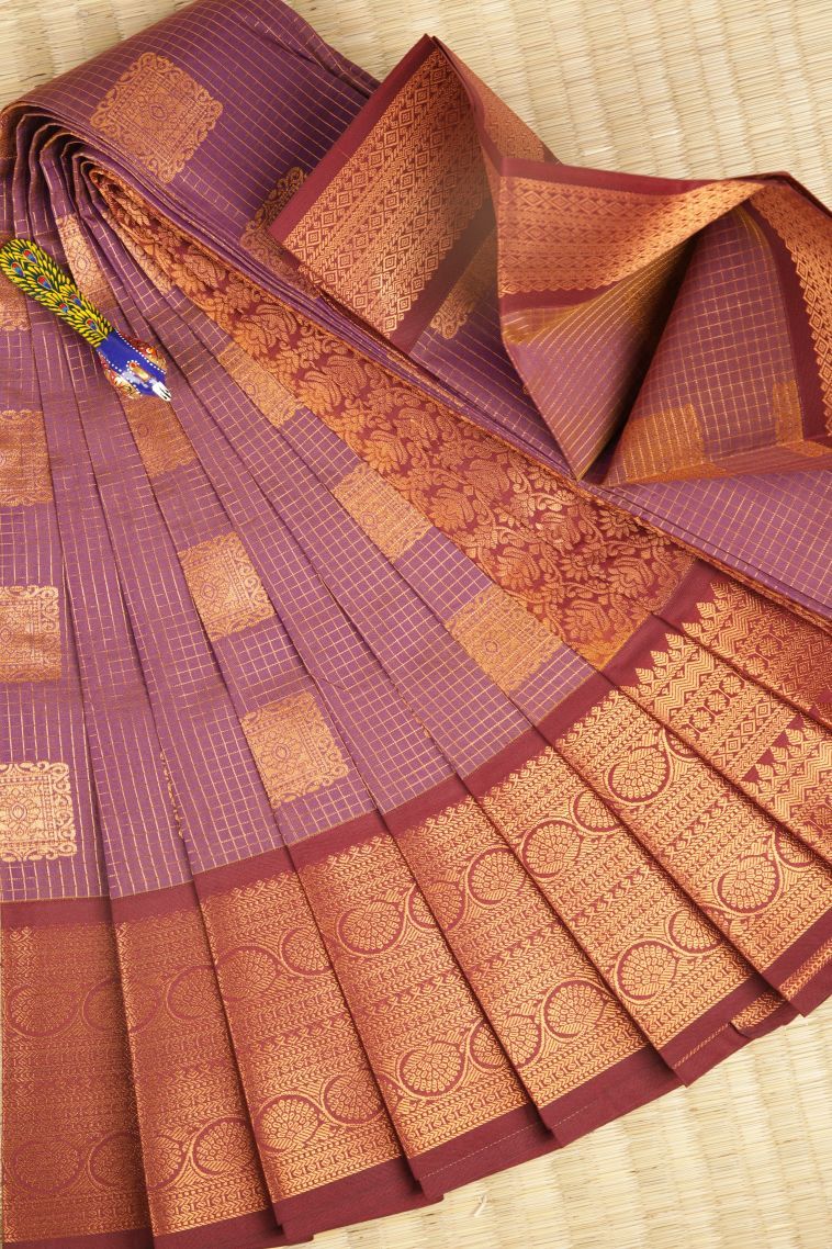 Mauve Purple Visiri Madippu Silk Sarees with Copper Zari Checks view 1