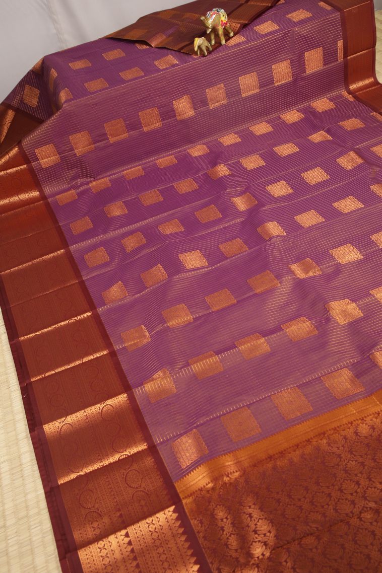 Mauve Purple Visiri Madippu Silk Sarees with Copper Zari Checks view 2