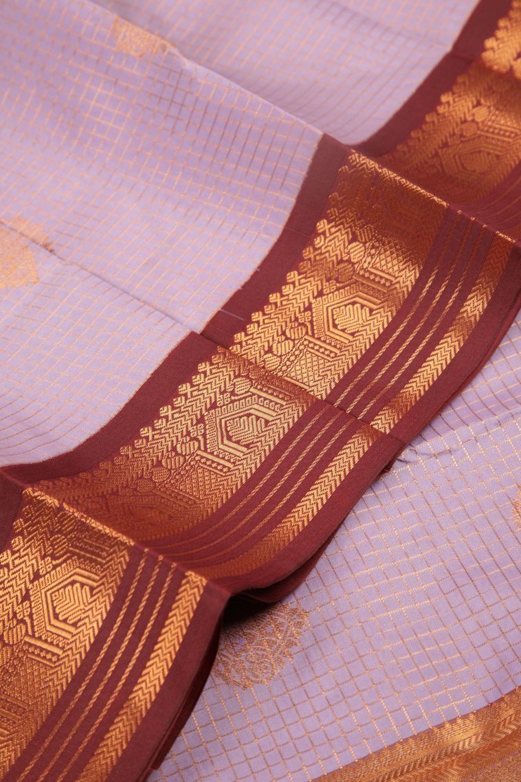 Lavender Purple Visiri Madippu Silk Sarees with Copper Zari Checks view 4