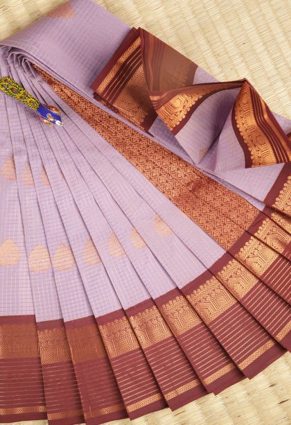 Lavender Purple Visiri Madippu Silk Sarees with Copper Zari Checks