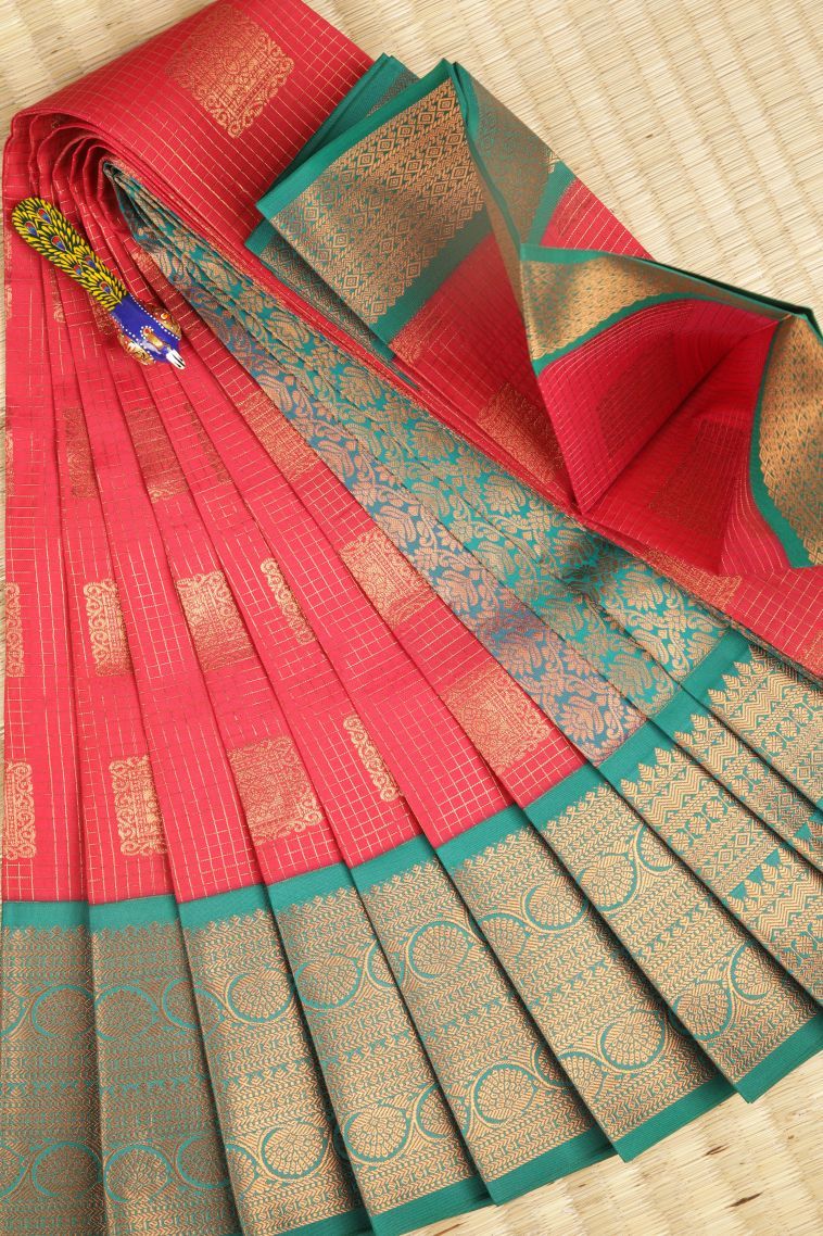 Strawberry Pink Visiri Madippu Silk Sarees with Copper Zari Checks view 1