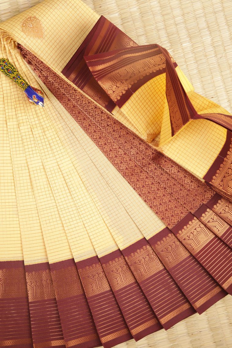 Alabaster White Visiri Madippu Silk Sarees with Copper Zari Checks view 1