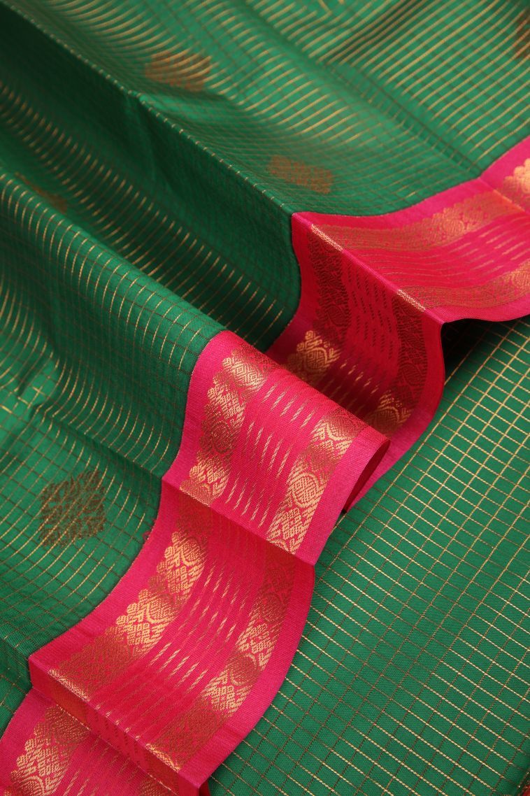 Basil Green Visiri Madippu Silk Sarees with Copper Zari Checks view 4