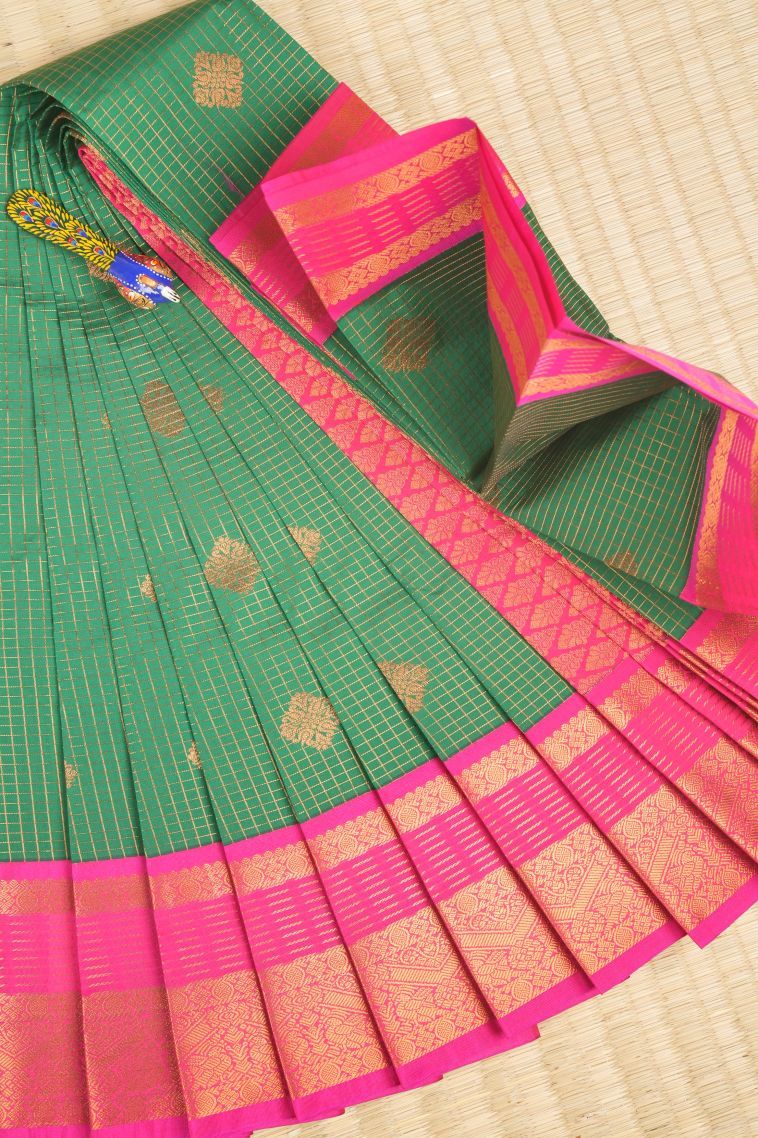 Basil Green Visiri Madippu Silk Sarees with Copper Zari Checks view 1