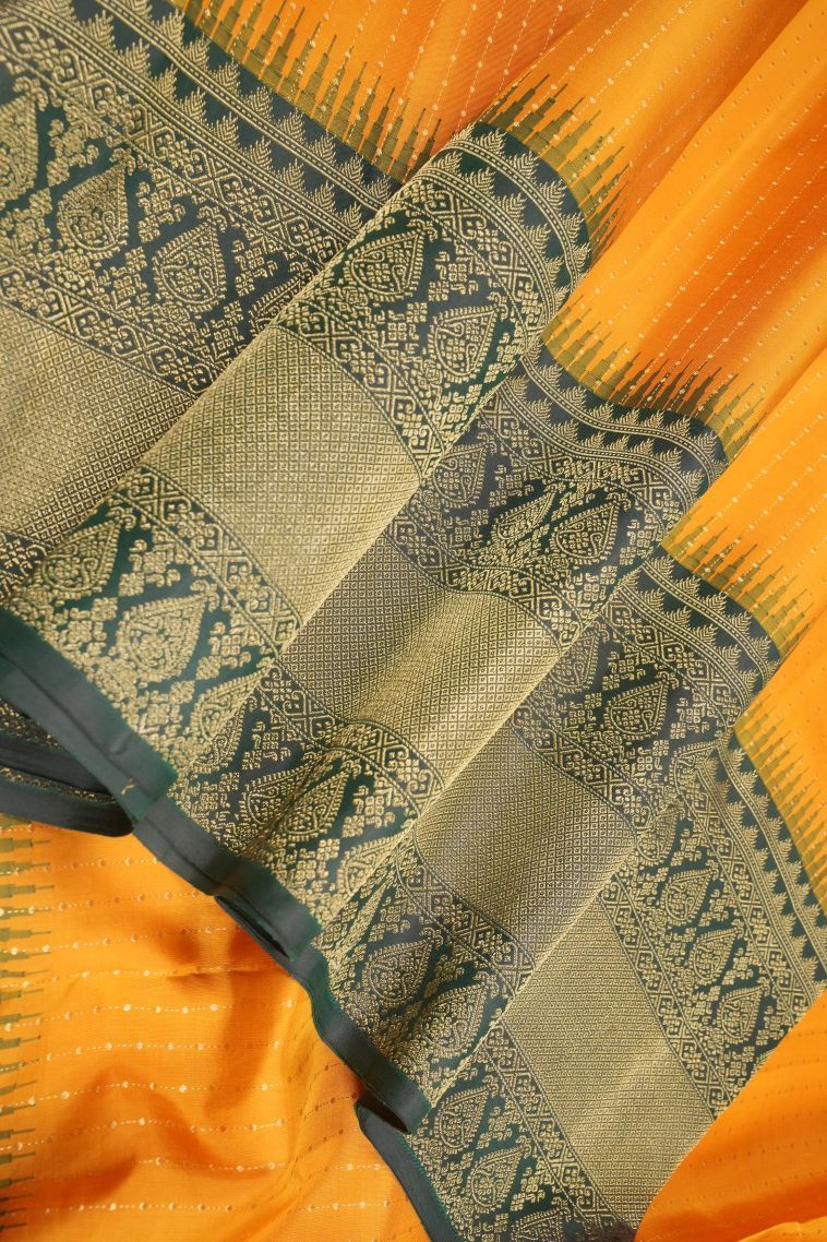 Gold Kanchipuram Silk Sarees with Gold Zari Stripes view 4