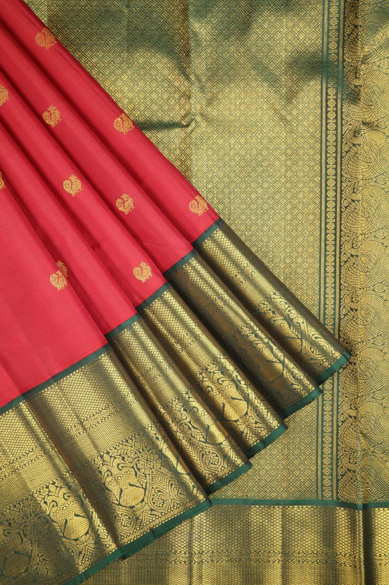 Rose  Red Kanchipuram Silk Sarees with Gold Zari Buttis (small Dots Or Motifs) view 1
