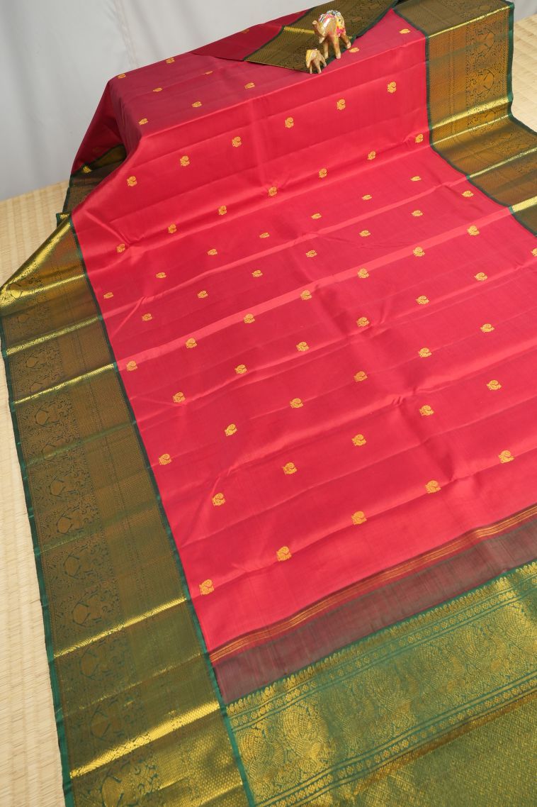 Rose  Red Kanchipuram Silk Sarees with Gold Zari Buttis (small Dots Or Motifs) view 2