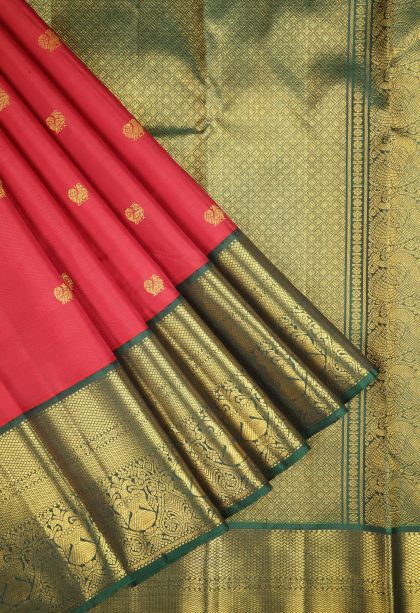 Rose  Red Kanchipuram Silk Sarees with Gold Zari Buttis (small Dots Or Motifs)