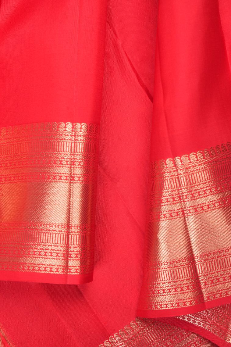 Candy Red Kanchipuram Silk Sarees with Gold Zari Floral Patterns view 3