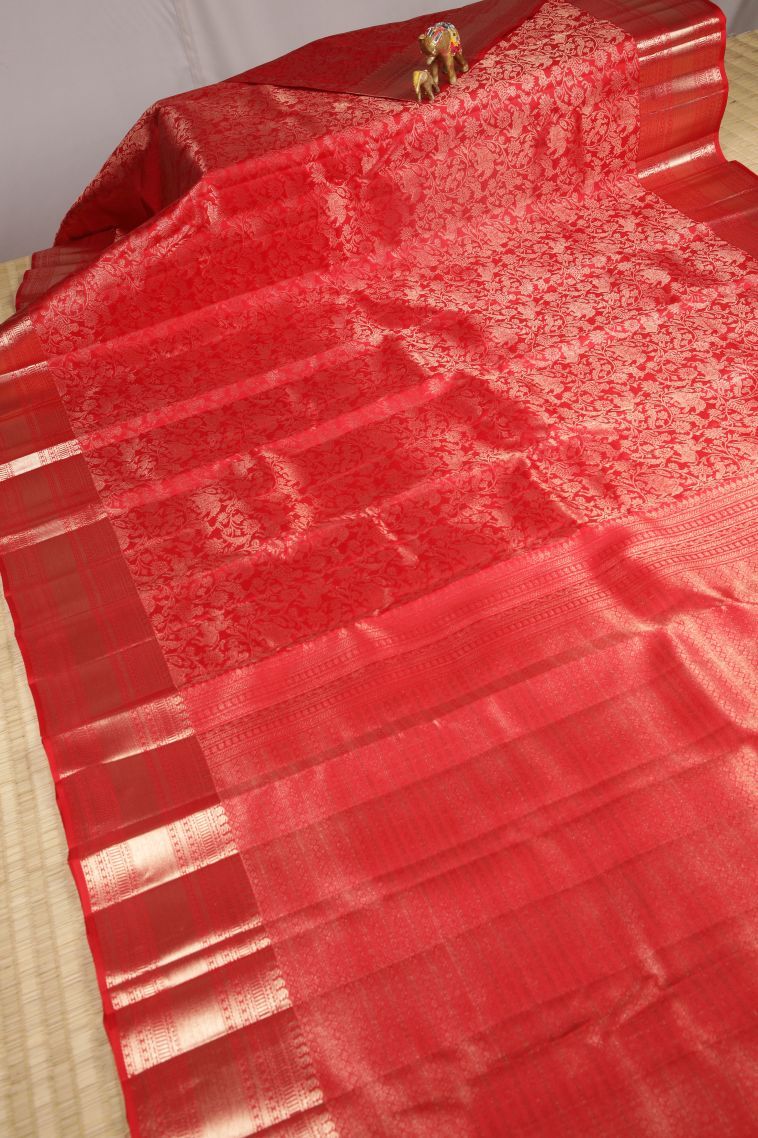Candy Red Kanchipuram Silk Sarees with Gold Zari Floral Patterns view 2