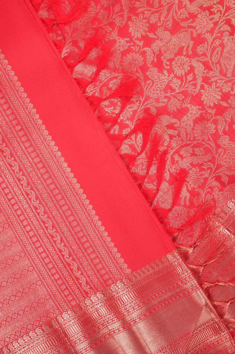 Candy Red Kanchipuram Silk Sarees with Gold Zari Floral Patterns view 4