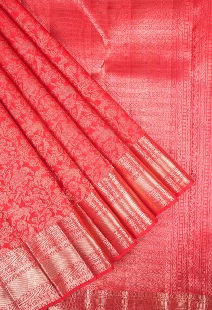Candy Red Kanchipuram Silk Sarees with Gold Zari Floral Patterns