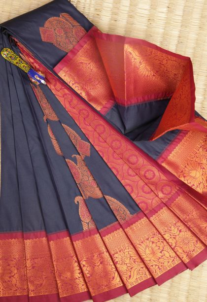 Navy Blue Visiri Madippu Silk Sarees with Copper Zari Buttis (small Dots Or Motifs)