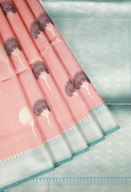 Peach Pink Tussar Saree with Without Zari Zari Buttis (small Dots Or Motifs)