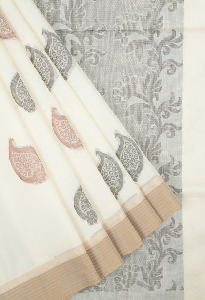 Porcelain White Kovai Cotton Sarees with Without Zari Zari Buttis (small Dots Or Motifs)